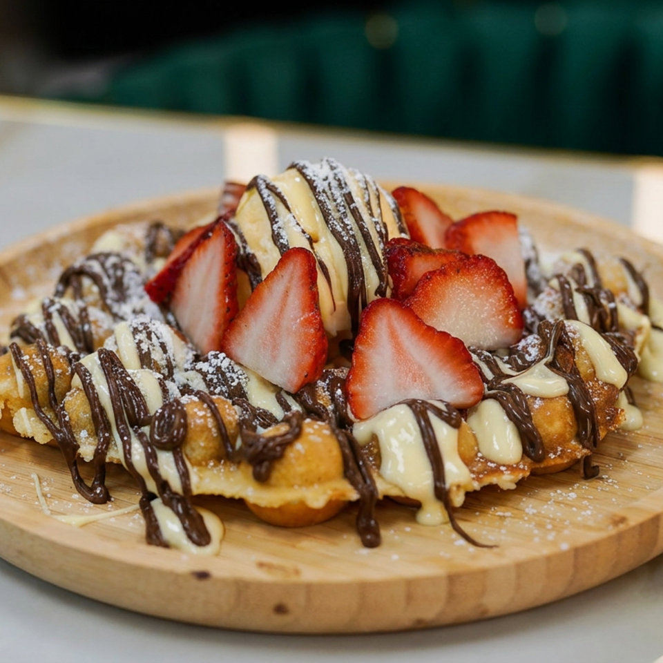 Dessert waffles topped with strawberries, chocolate and vanilla drizzle, powdered sugar, and ice cream on a wooden platter.