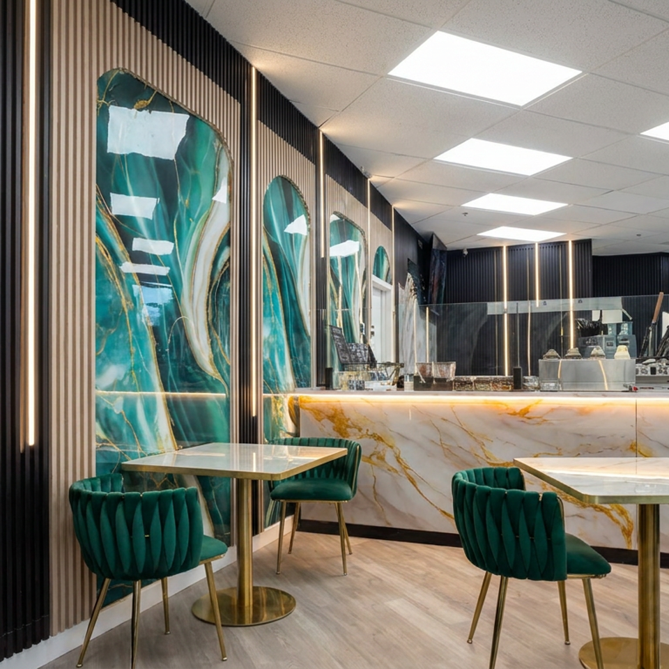 Modern restaurant interior with emerald velvet chairs, marble tables, illuminated counter, and teal abstract wall artwork.