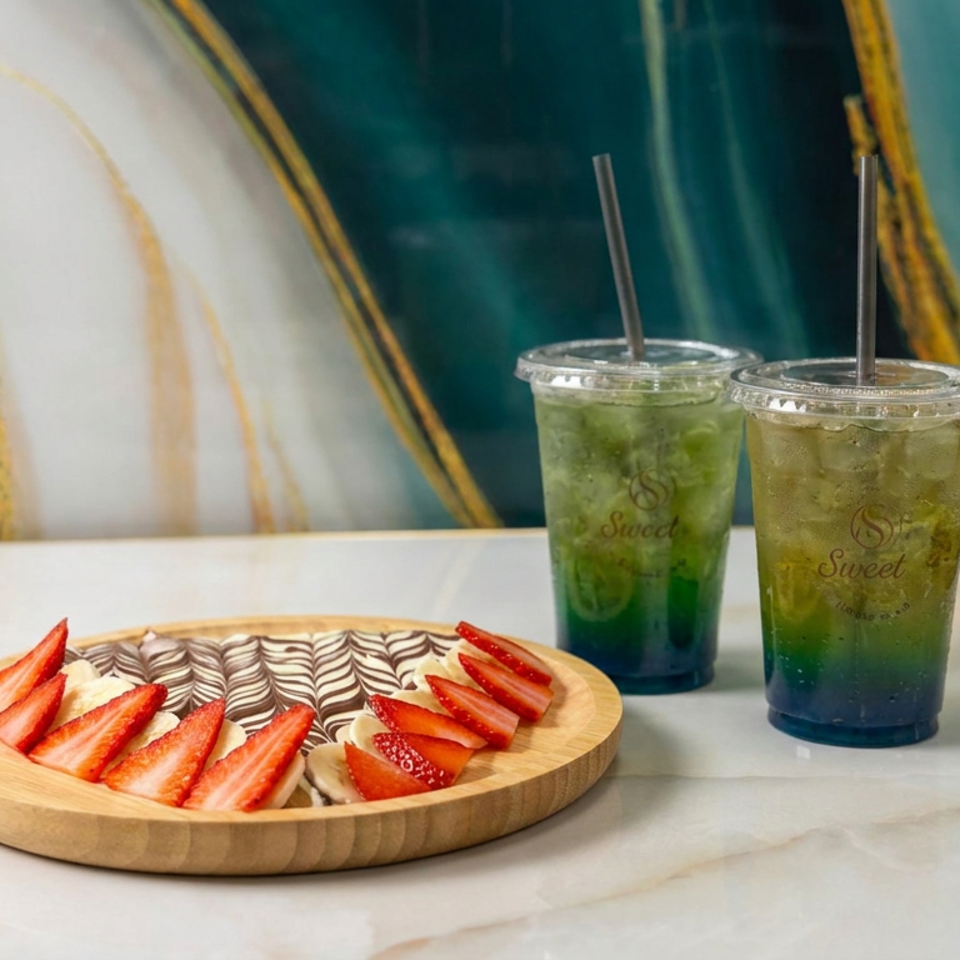 Wooden platter of sliced strawberries and chocolate dessert beside two iced green drinks on a marble table.