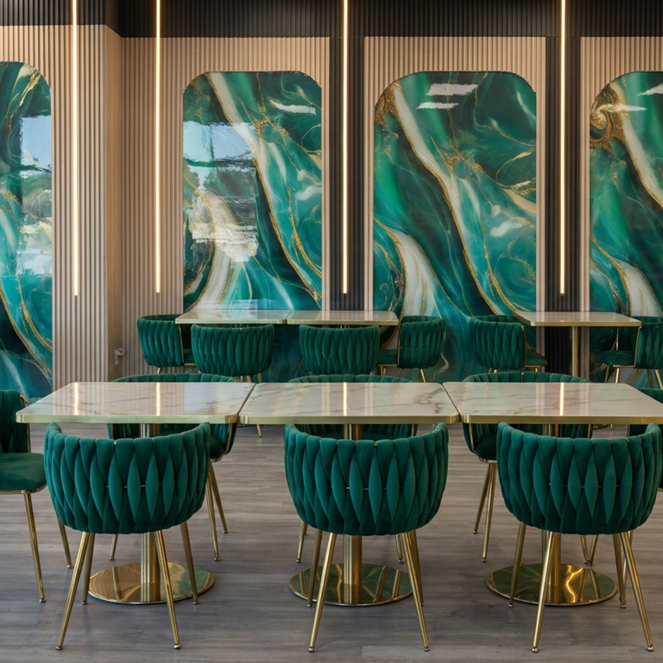 Elegant restaurant dining area with emerald velvet chairs, marble tables, gold accents, and dramatic teal-and-gold marble wall panels.