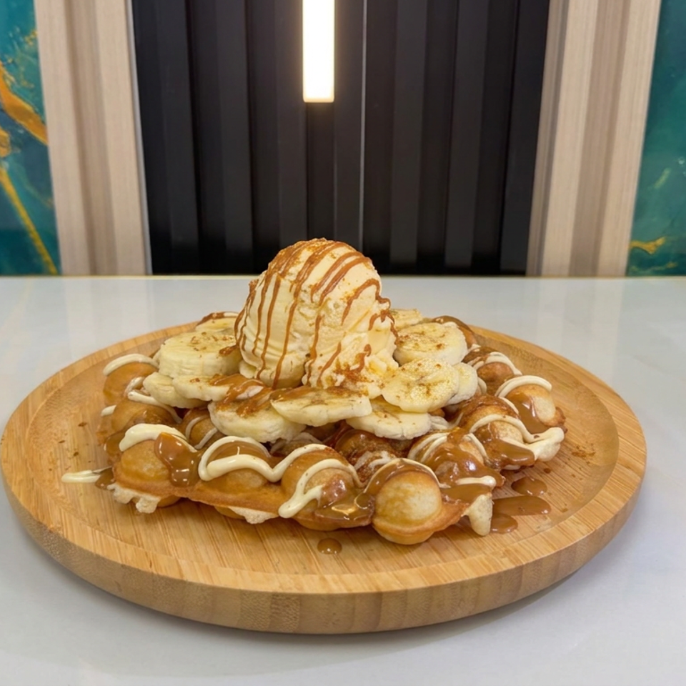 Dessert waffle topped with sliced bananas, caramel and cream drizzle, and a scoop of vanilla ice cream on a wooden platter.