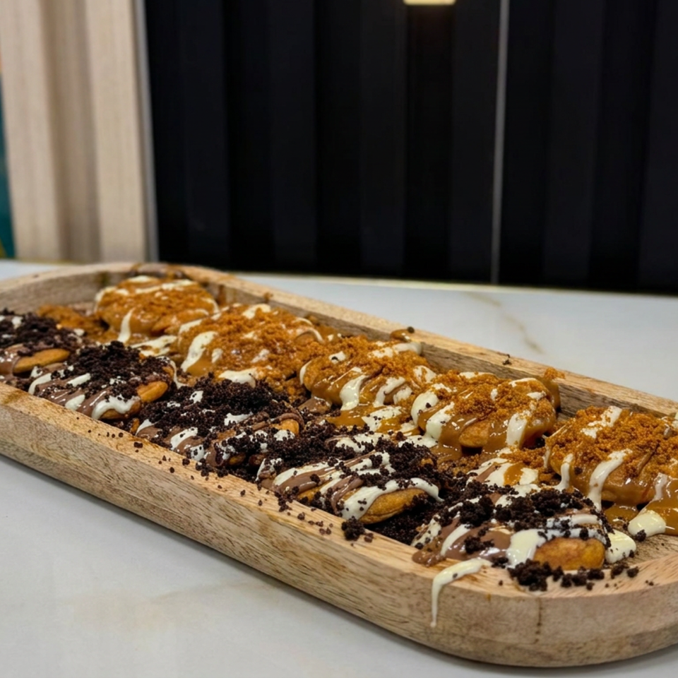 Wooden platter of bite-sized churros drizzled with white and caramel sauces, topped with chocolate cookie crumbs and cinnamon.