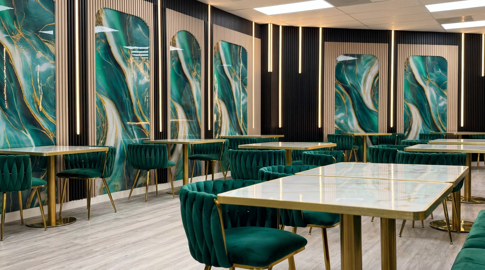 Emerald chairs and marble tables