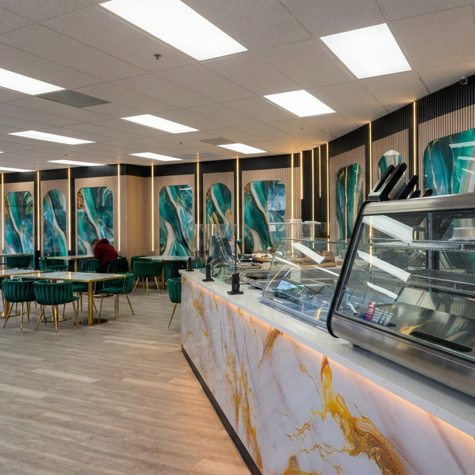 Modern restaurant interior with teal velvet seating, marble service counter, glass display case, and turquoise wall art.